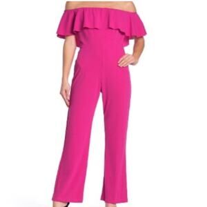 Bebe Jumpsuit Off Shoulder Straight Leg Crepe Hot Pink Fuchsia Women’s Size 12